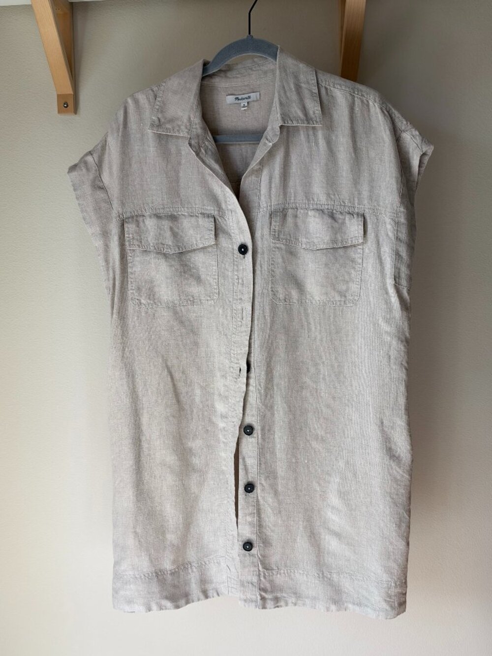 NWOT  Utility Short-Sleeve Mini Shirtdress in 100% Linen Oat